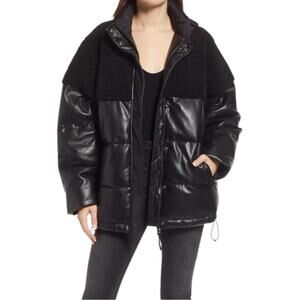 Good American Faux Leather Cocoon Puffer Jacket Black Sherpa Coat Size 2 US XL